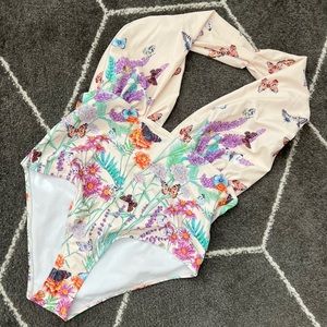 Blush Pink Butterfly Floral Mix One Piece Swimsuit Size M